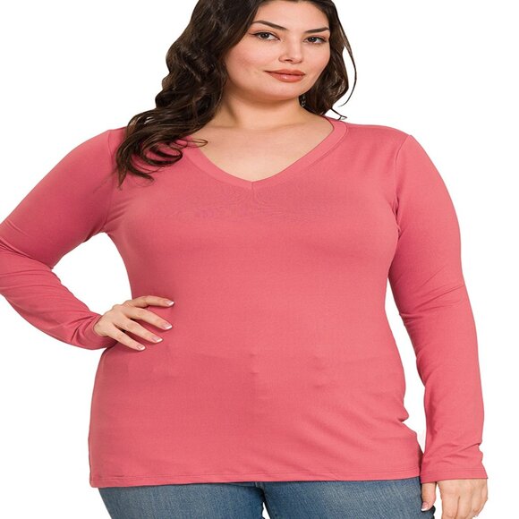 ZENANA BUTTERY PLUS BRUSHED MICROFIBER LONG SLEEVE V NECK TOP ROSE 1X-3X - Picture 1 of 2